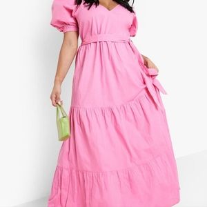 Belted Cotton Tiered Maxi Dress with Puff Sleeve